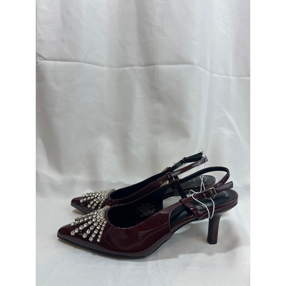 A New Day‎ Burgundy Patent Rhinestone Slingback Kitten Heels Size 8 Pointed Toe